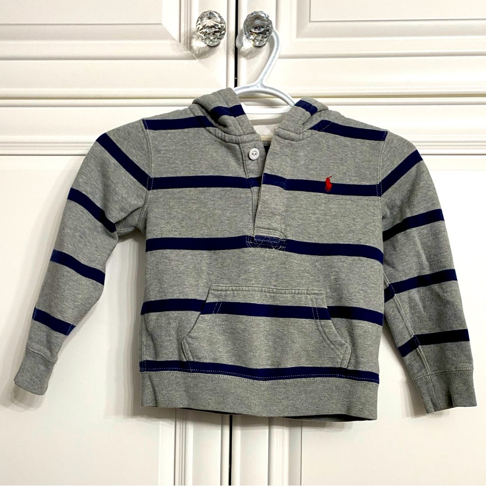 Polo Ralph Lauren Children Size 5 Grey & Blue Striped Hoodie Sweater Top Shirt